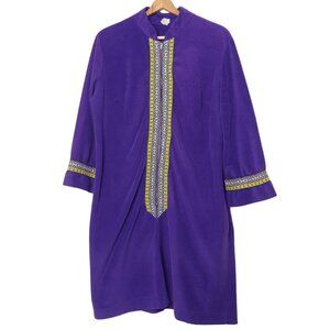 Vintage At Home Wear Womens Large Robe Night Gown Purple Yellow Woven Trim Zip